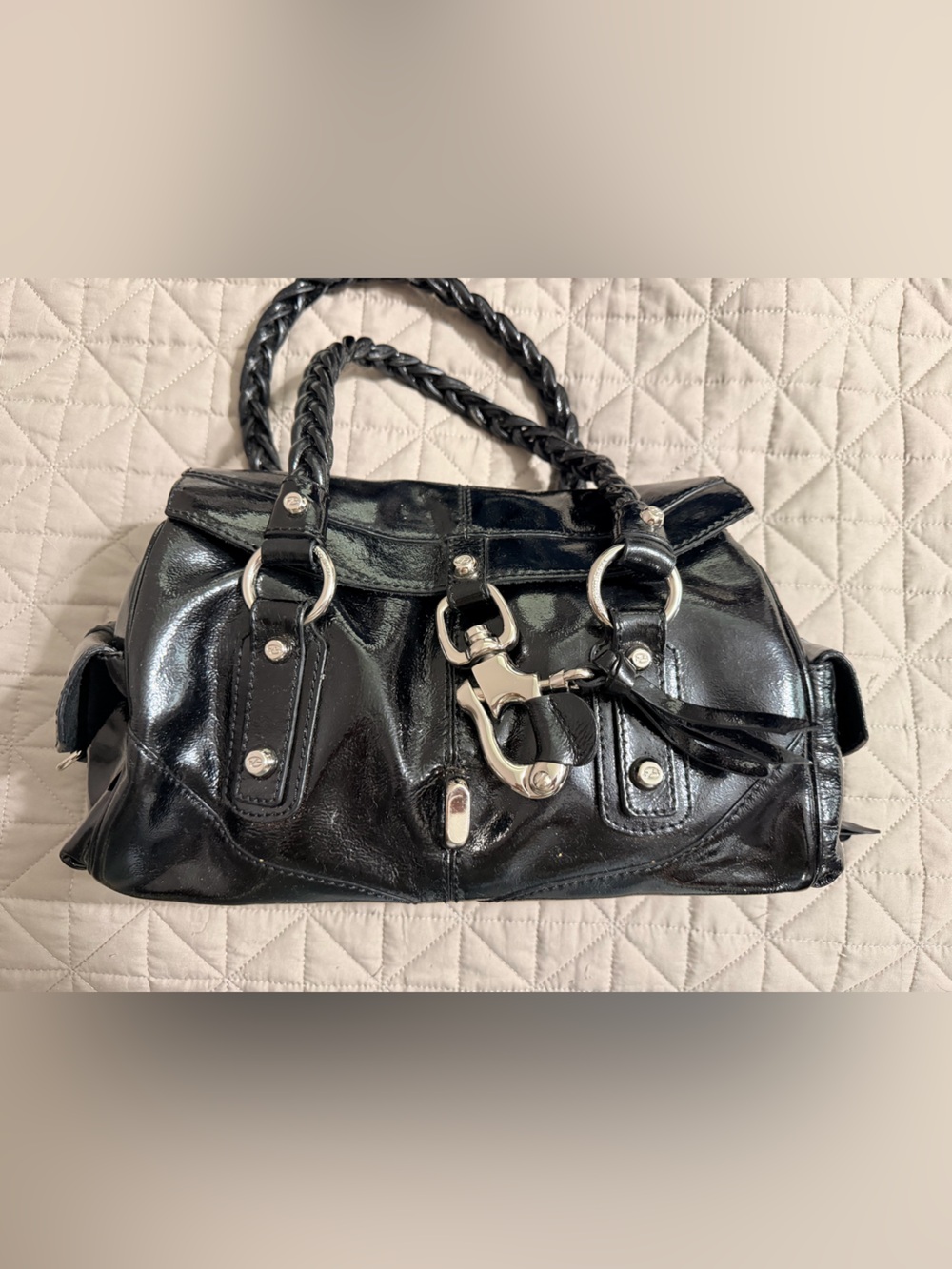 Francesco Biasia Black Patent Leather Braided-Handle Satchel - Picture 9 of 16